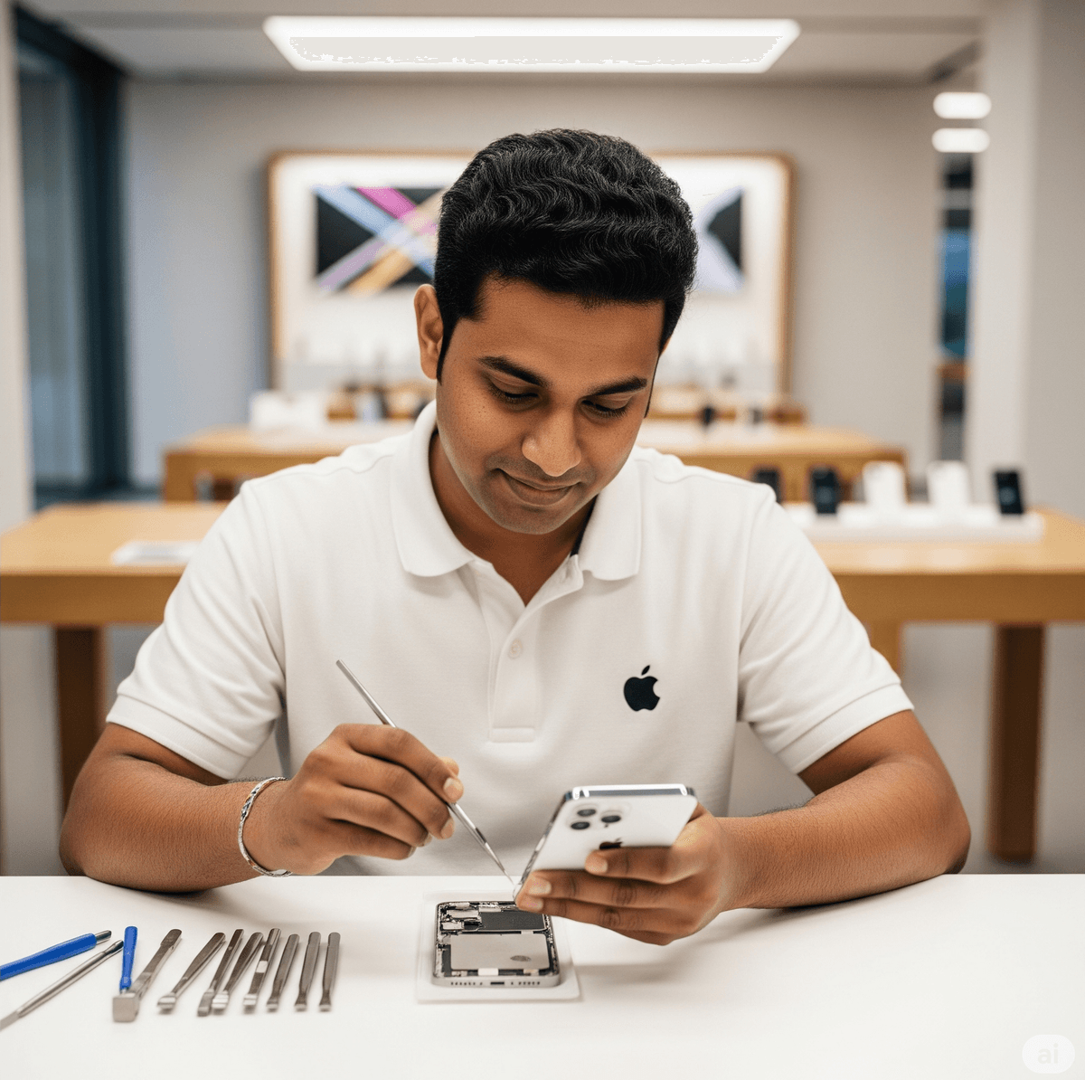 Expert technician repairing Apple device